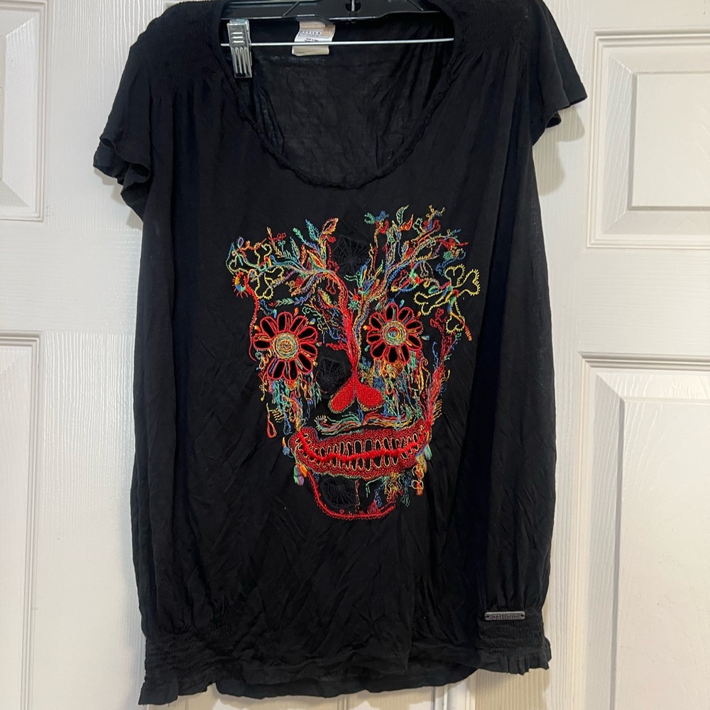 VNTG John Galliano Skull Embroidered Black Smocked Bottom Grunge goth Top ZS M - Picture 2 of 12